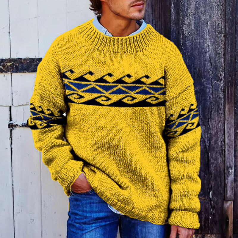 Vintage Beige Surf Jacquard Crew Neck Sweater elevenforest