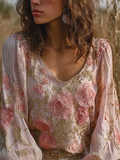 Bohemian Retro Countryside Style Plant Flower Design Cotton And Linen Women's Long-sleeve Shirt elevenforest