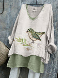 Comstylish Bird & Leaves Floral Fiber Art Linen Tunic
