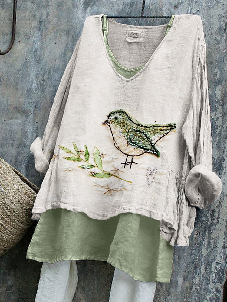 Bird & Leaves Floral Fiber Art Linen Tunic elevenforest