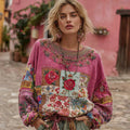Women's Vintage Bohemian Rose And Floral Ethnic Embroidered Patchwork Linen Tunic elevenforest