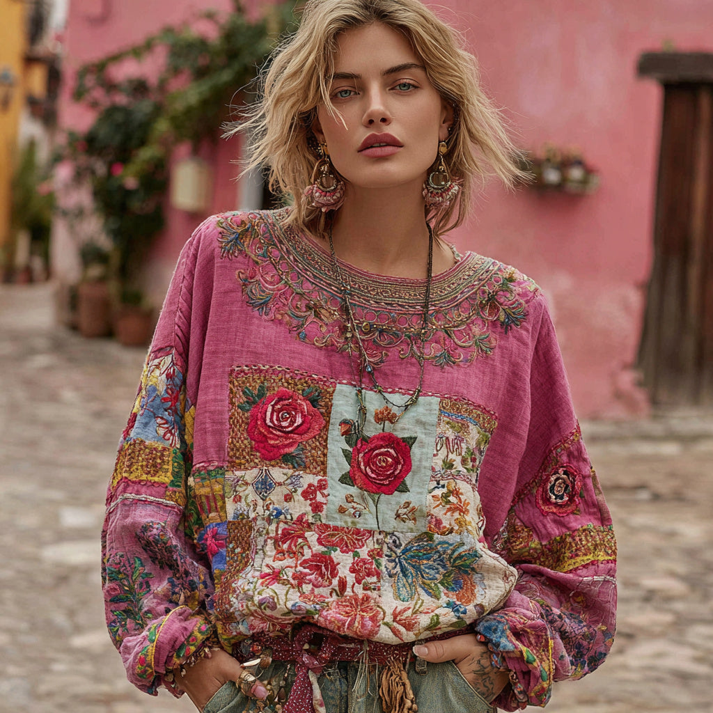 Women's Vintage Bohemian Rose And Floral Ethnic Embroidered Patchwork Linen Tunic elevenforest