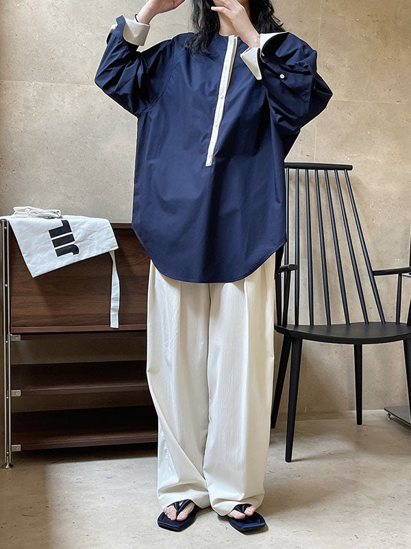 Urban Long Sleeves Loose Contrast Color Round-neck Blouses&shirts Tops