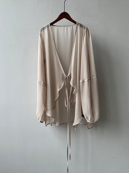 Bishop Sleeve Long Sleeves See-through Split-joint Tied Collarless Blouses&shirts Tops