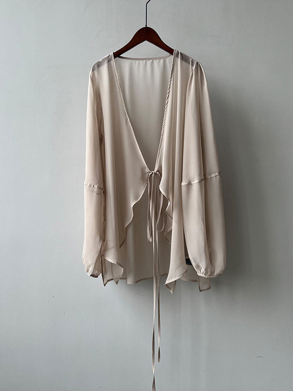 Bishop Sleeve Long Sleeves See-through Split-joint Tied Collarless Blouses&shirts Tops