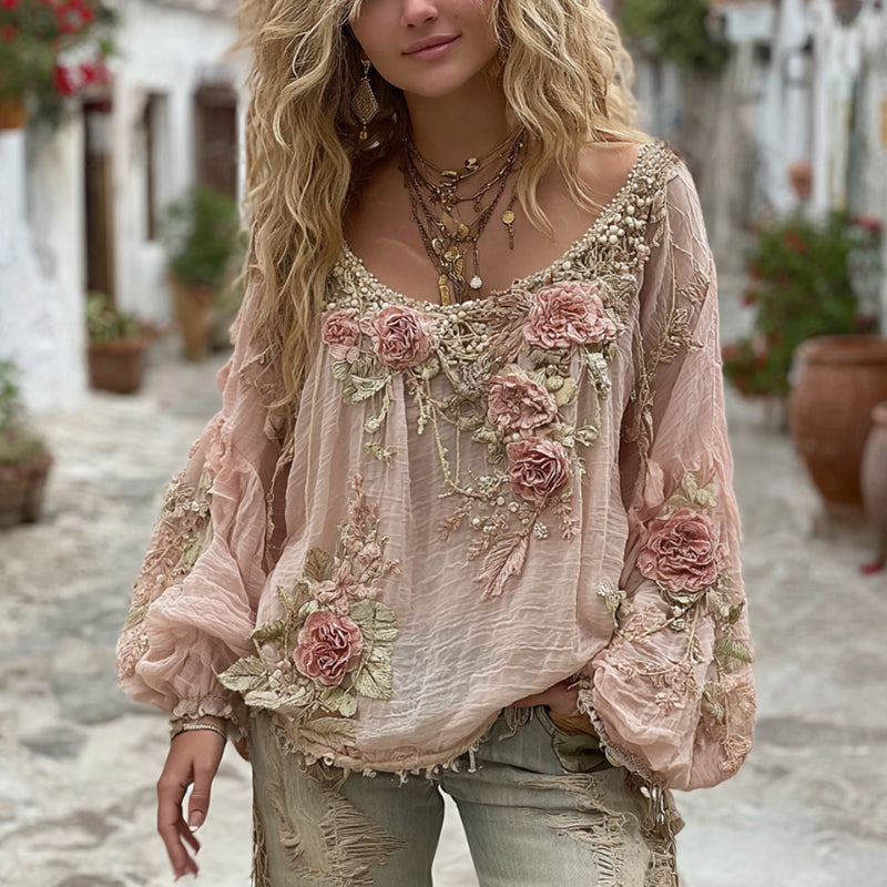 Women's Pink Flower Embroidery Art Round Neck Long Sleeve T-shirt elevenforest