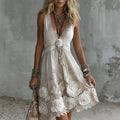 Women's Vintage White Rose Embroidered V-neck Midi Tank Dress elevenforest