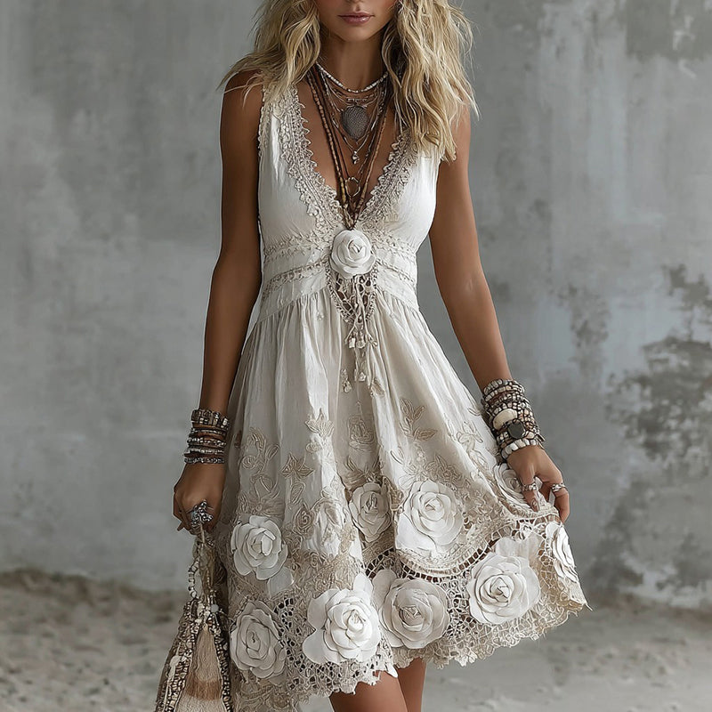 Women's Vintage White Rose Embroidered V-neck Midi Tank Dress elevenforest