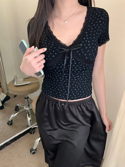 Korean Kawaii Lace Patchwork T-shirt Y2k Aesthetic Top Bow Knot V-neck Short Sleeve Crop Top Elastic Slim