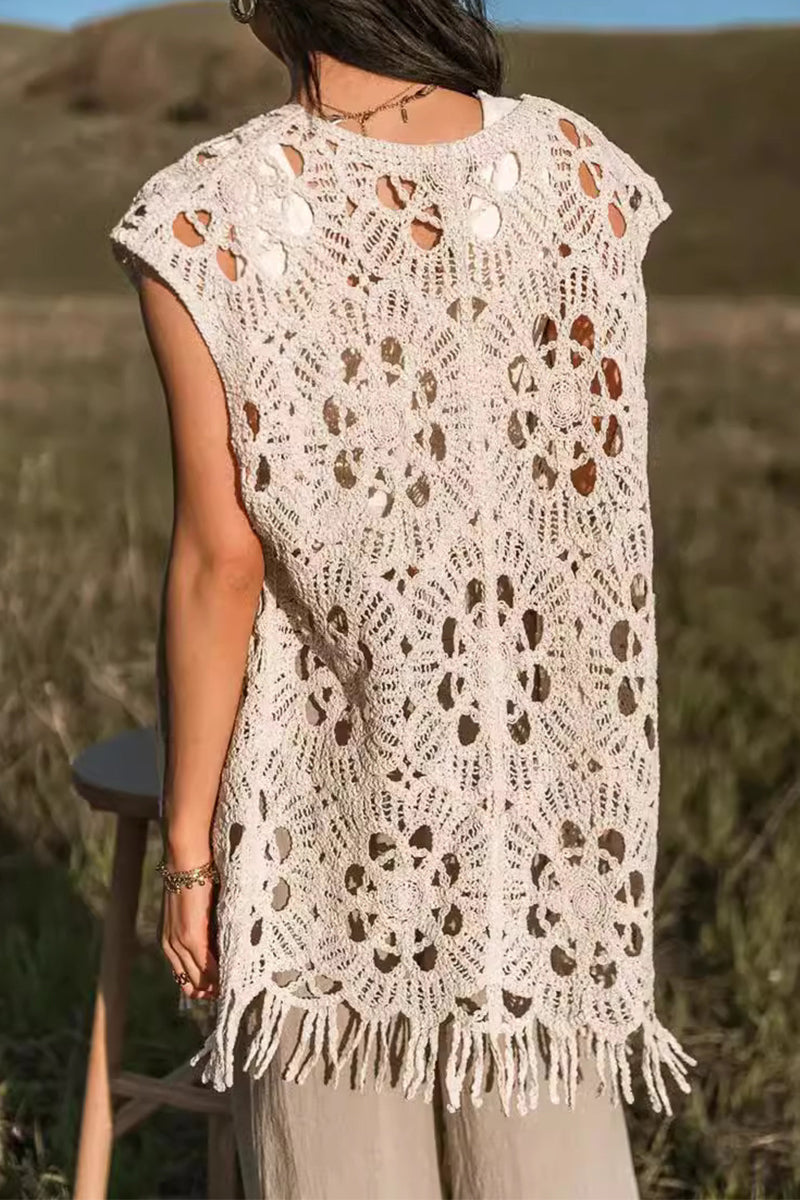 Vacation Color Hollow Out Fringed Hem V Neck Tops