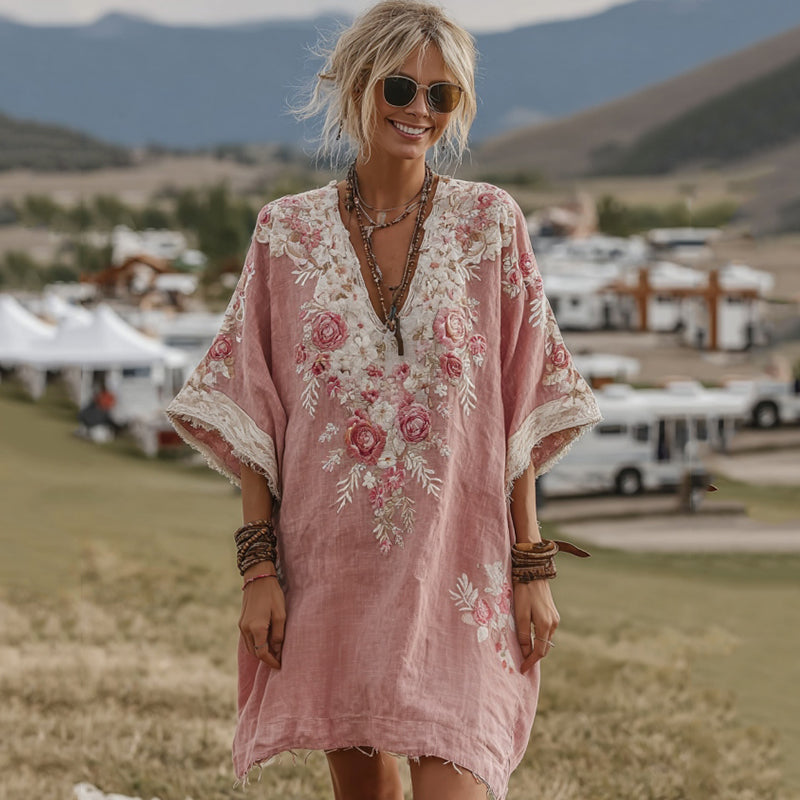 Rose Embroidered Gradient Linen Mini Dress elevenforest
