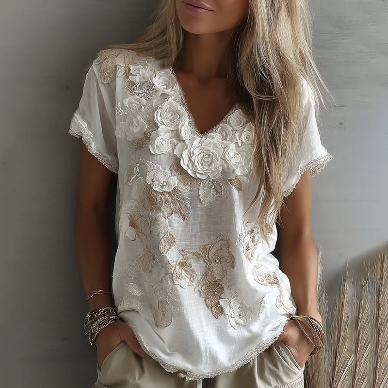 Women's White Rose Embroidery Art V-neck Short Sleeve T-shirt elevenforest