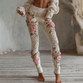 Women's Vintage Pink Floral Art Cozy Knit Leggings elevenforest