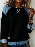 Women'S Casual Round Neck Contrast Color Stitching Pullover Sweatshirt 