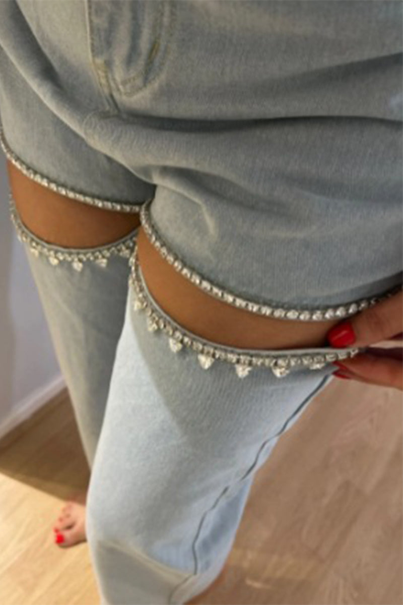 Street Color Rhinestone Decor High Waist Denim Jeans
