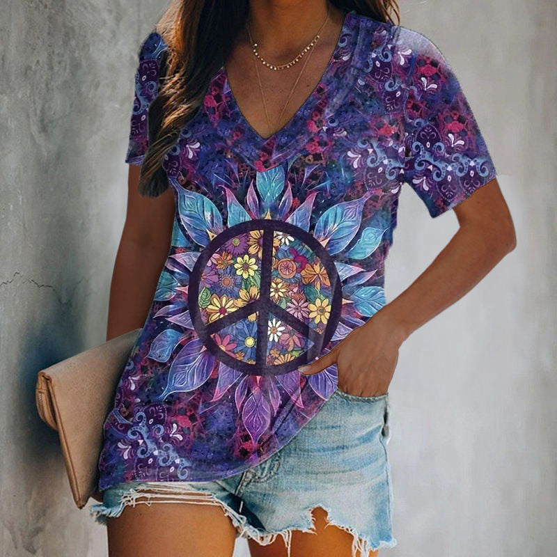 Comstylish Women's Hippie Art Print V Neck T-shirt