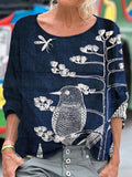 Comstylish Japanese Animal Embroidery Art Women's Linen Shirt