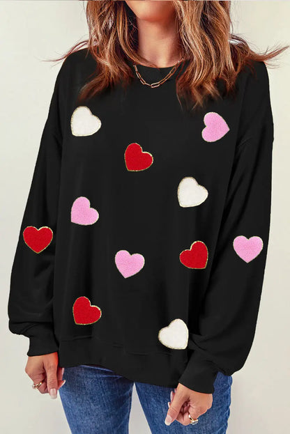 Chenille Embroidered Heart Sweatshirt Black