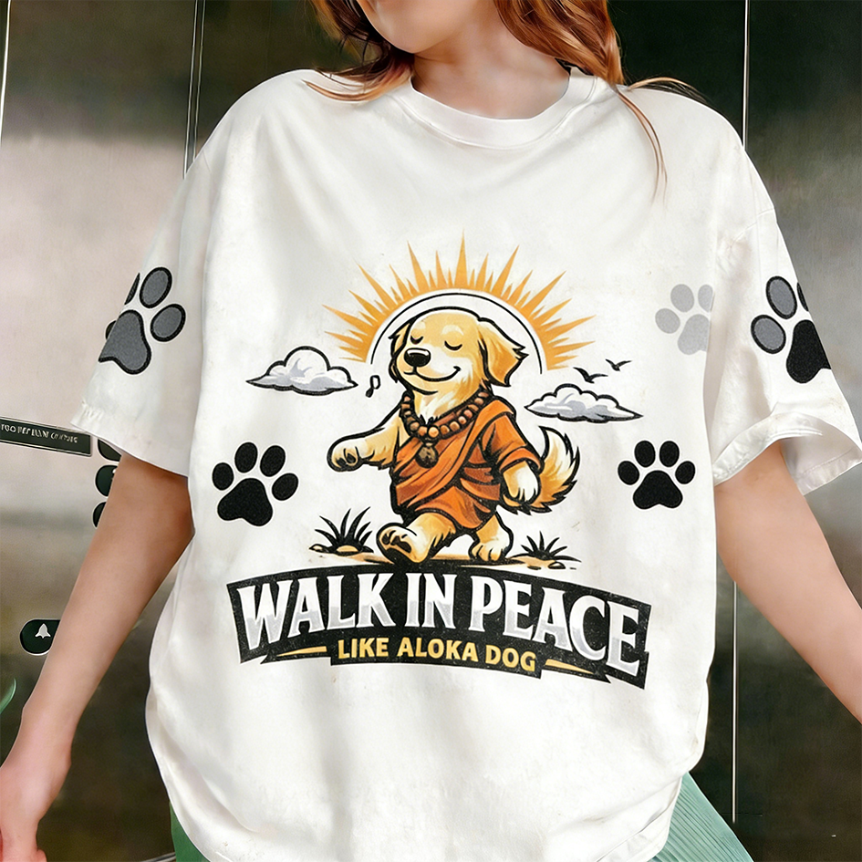 Comstylish Walk In Peace Slogan Cute Dog Print Short-sleeve T-shirt