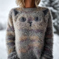 Comstylish Cute Fuzzy Cat Embroidered Vintage Cozy Sweater