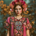 Day Of The Dead Sugar Skull Roses Floral Embroidered Contrast Linen Shirt elevenforest