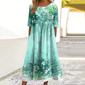 Comstylish Flower Print Round Neck Short Sleeve Midi Dress