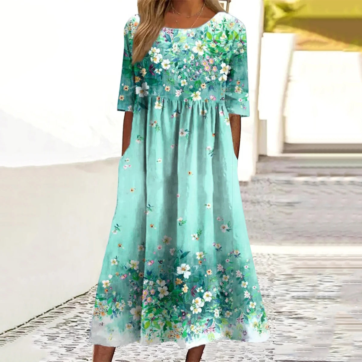 Comstylish Flower Print Round Neck Short Sleeve Midi Dress