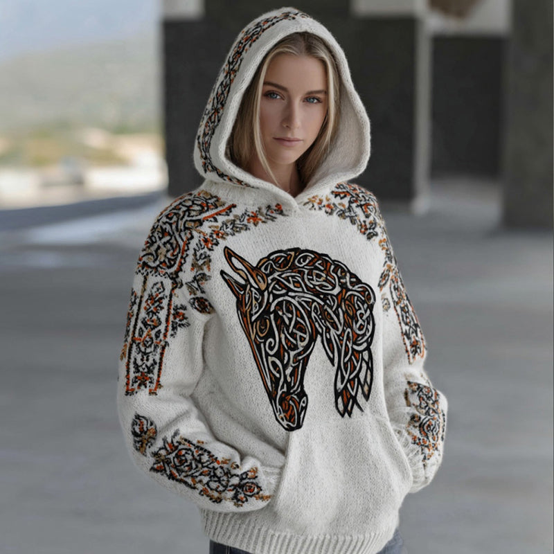Comstylish Women's Retro Celtic Horse And Floral Pattern Comfortable Hooded Sweater