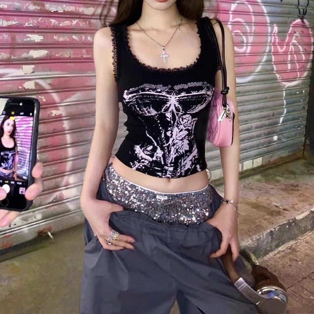 Gothic Print Tops Aesthetic Y2k Crop Top Lace Sleeveless Camisole Vest Harajuku Black Tank Top Clothes