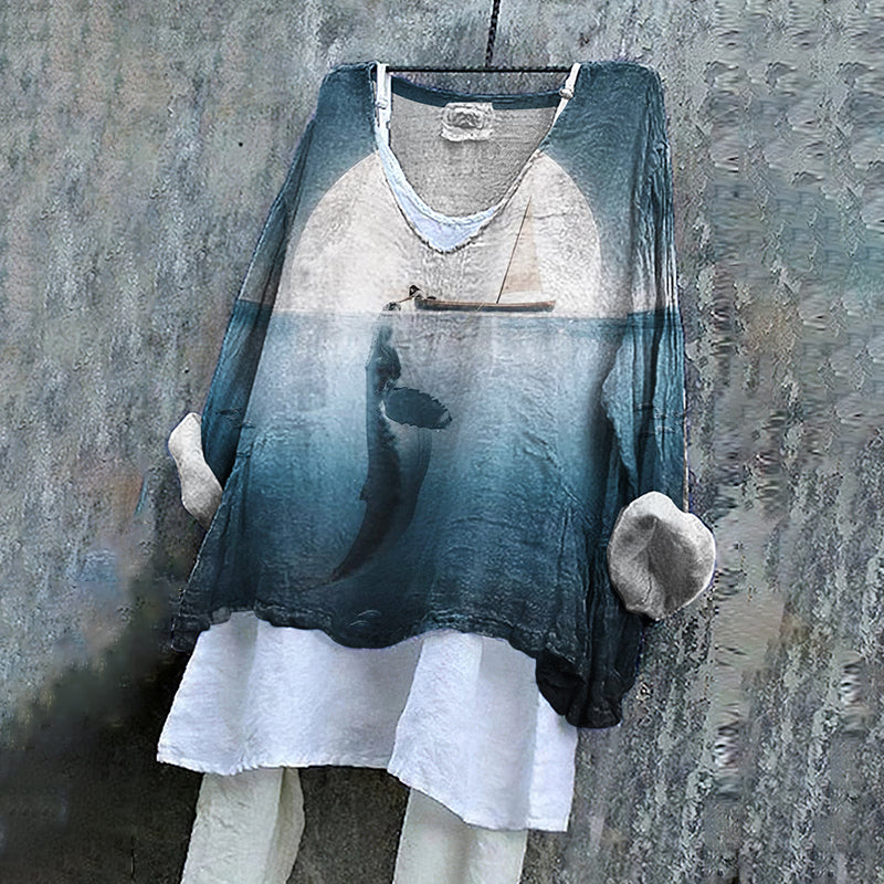 Humpback Whale Dreamy Art Pattern Linen Blend Tunic elevenforest