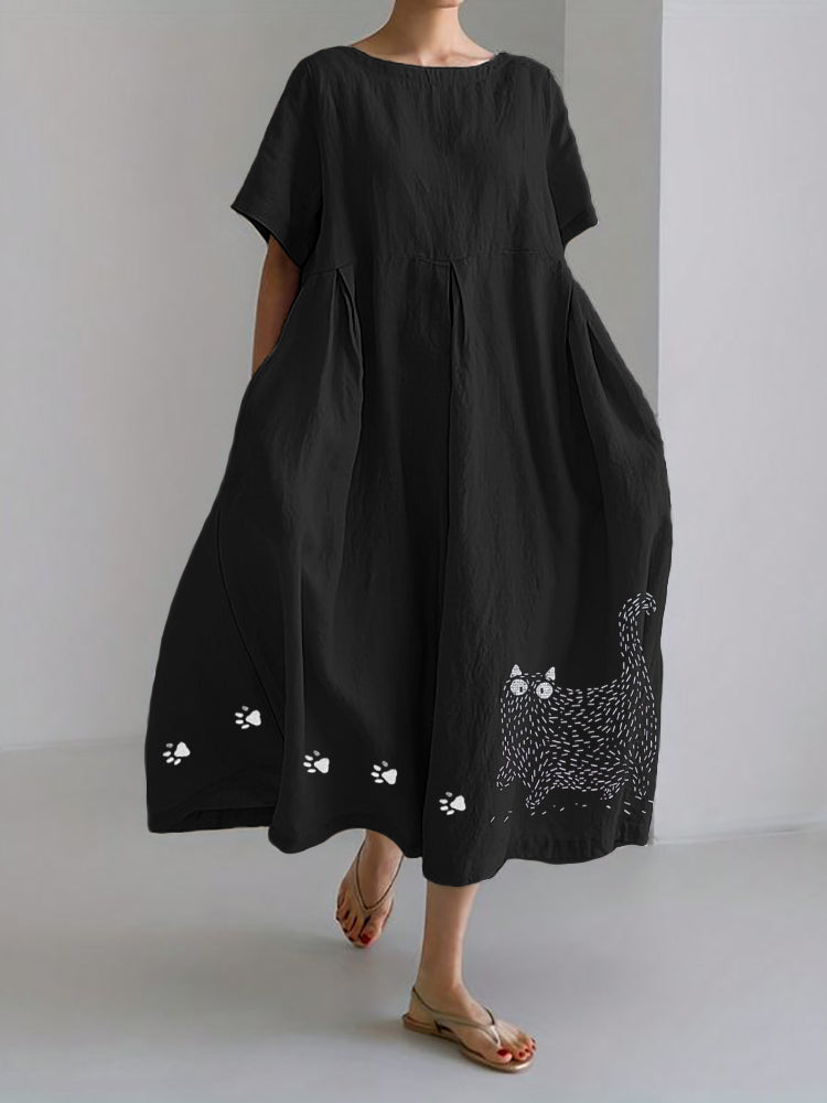 Fuzzy Cat & Paw Prints Embroidered Linen Blend Maxi Dress