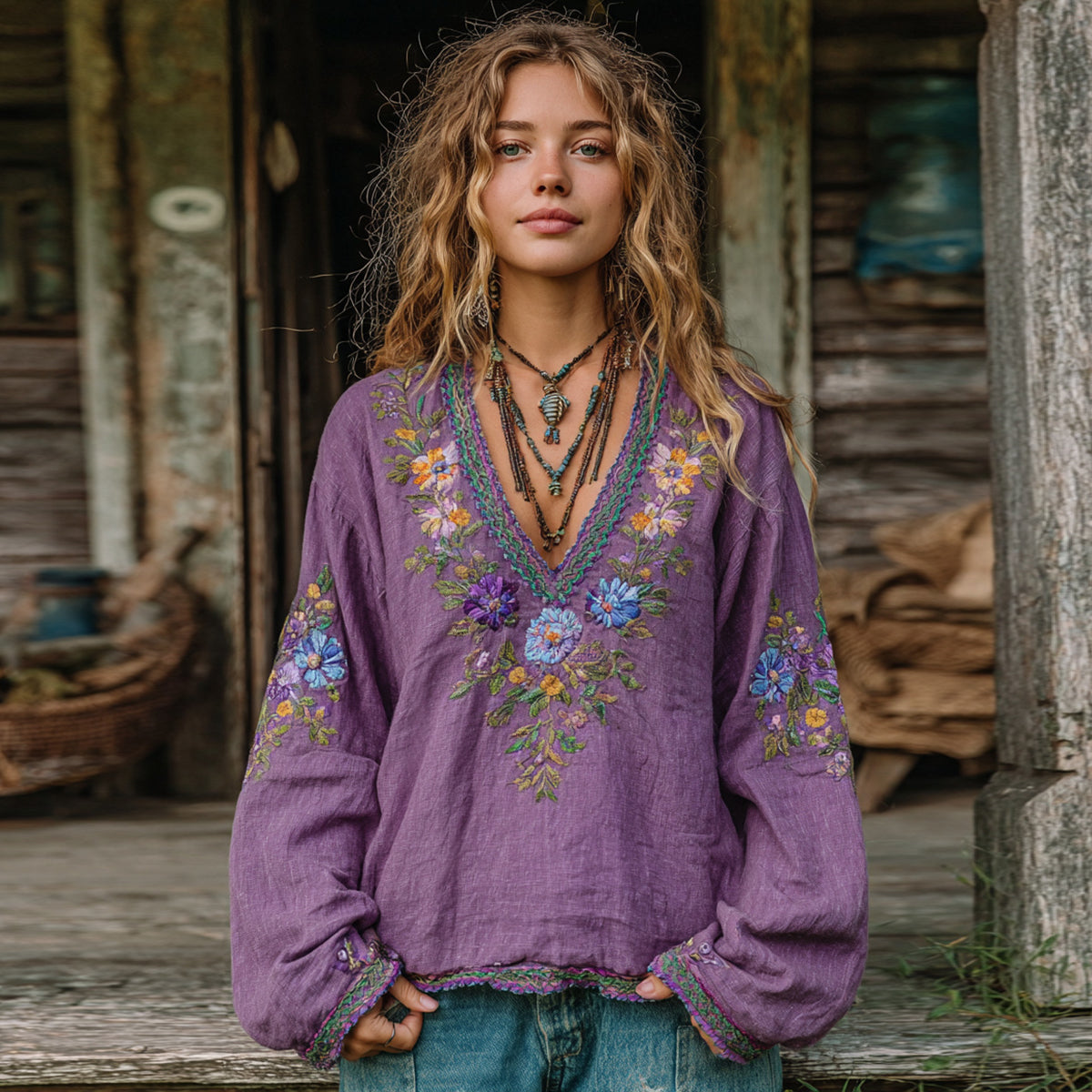 Women's Vintage Floral Embroidered Art Linen Loose Blouses elevenforest