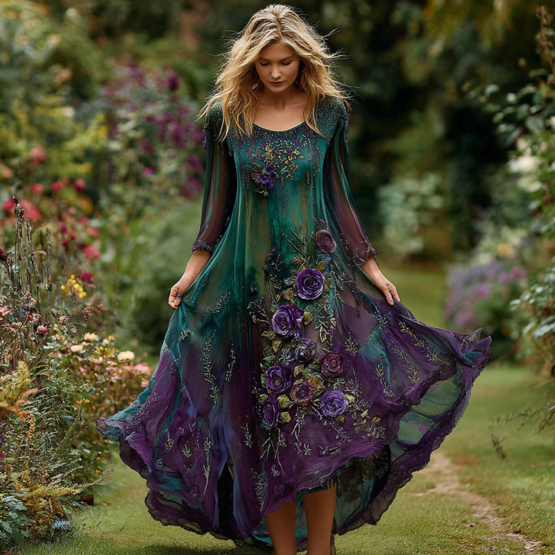 Women's Vintage Floral Embroidery Gradient Pattern Round Neck Long Sleeve Dress elevenforest