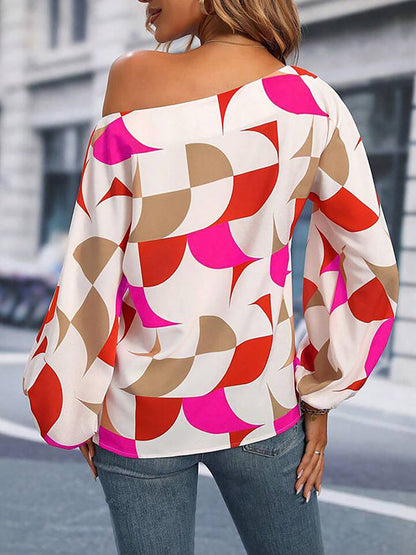 Long Sleeves Loose Asymmetric Elasticity Printed One-shoulder Blouses&shirts Tops