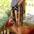 Retro Independent Day In America Flag And Floral Art Graphics Button Slit Design Cozy Linen Shorts elevenforest