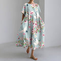 Crane Print Round Neck Short Sleeve Casual Midi Dress elevenforest
