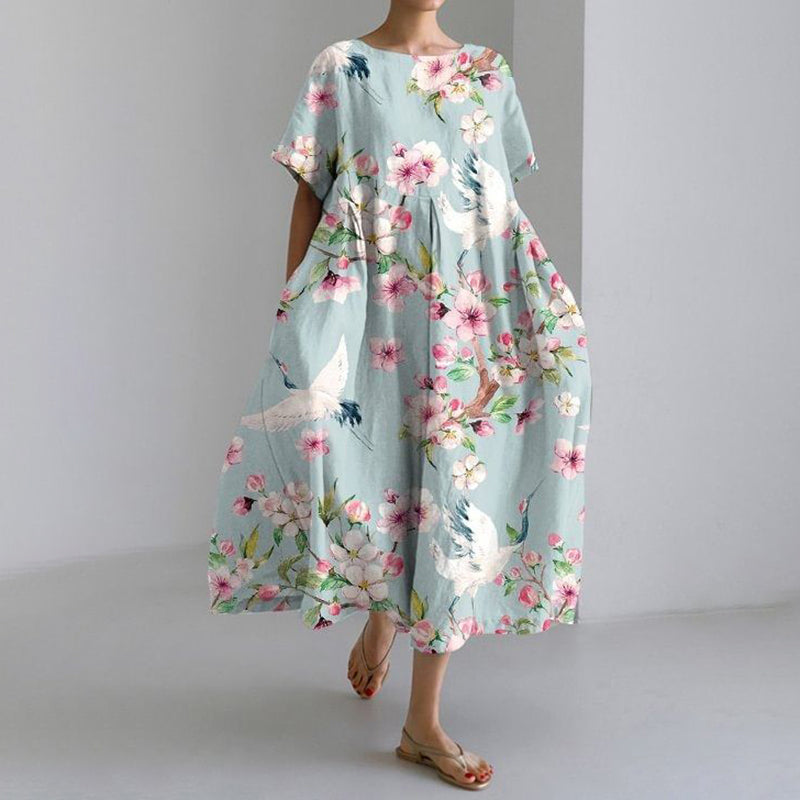 Crane Print Round Neck Short Sleeve Casual Midi Dress elevenforest