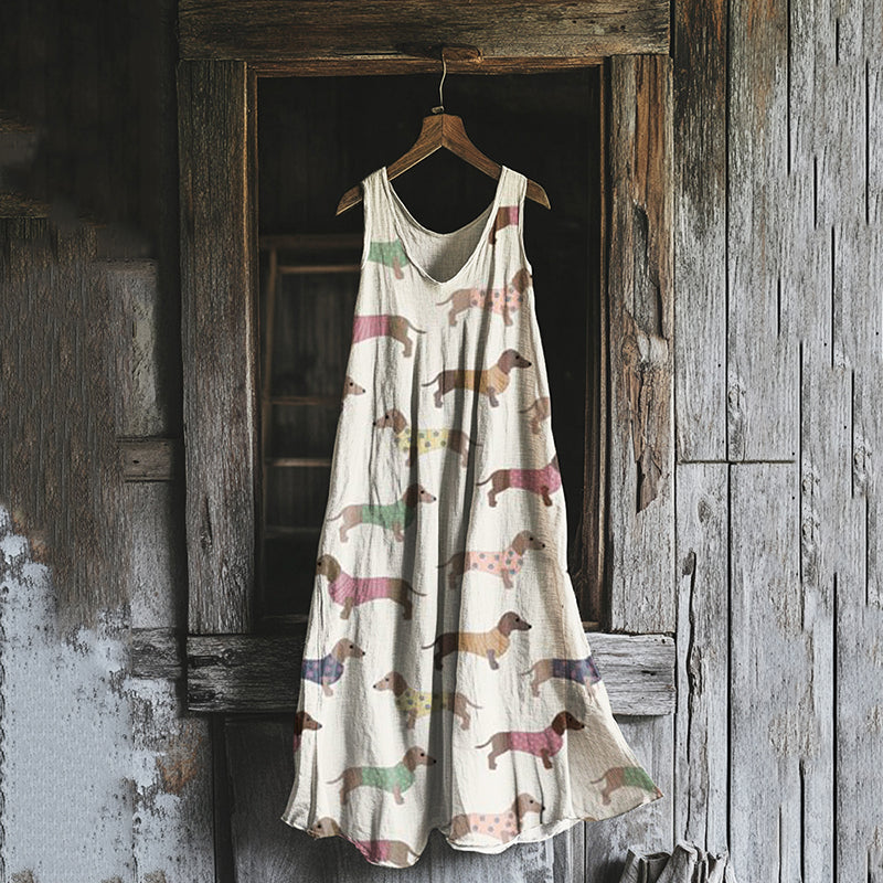 Women's Vintage Dachshund Casual Linen And Cotton Midi Dress elevenforest