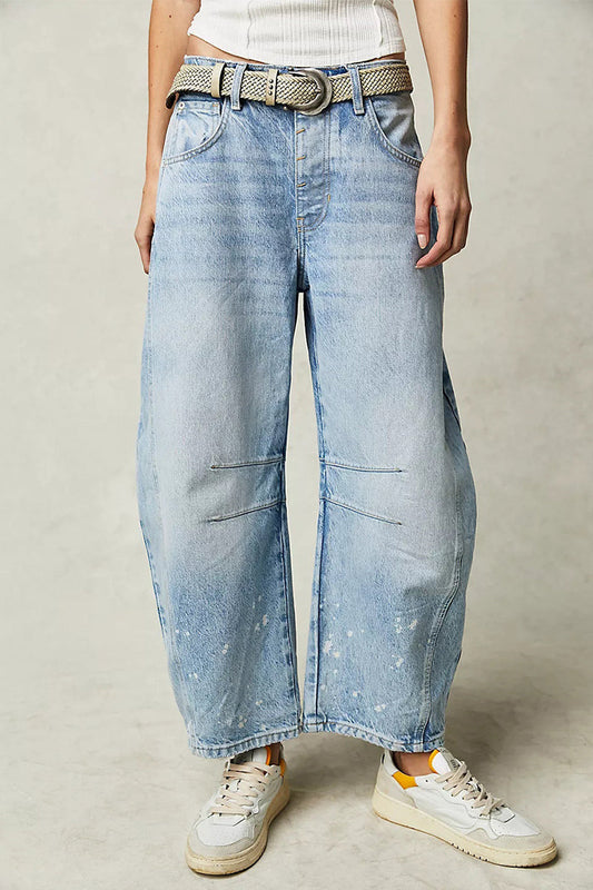 Pocket Without Belt Mid Waist Loose Denim Jeans(no Belt)