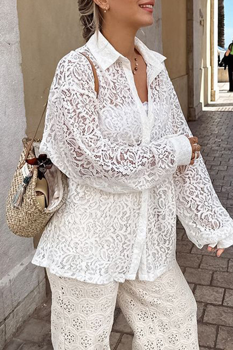 Lace Hollowed Out Turndown Collar Tops