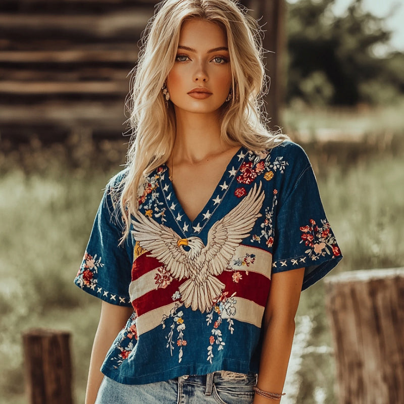 Vintage Independence Day Eagle & Floral Comfy Linen T-shirt elevenforest