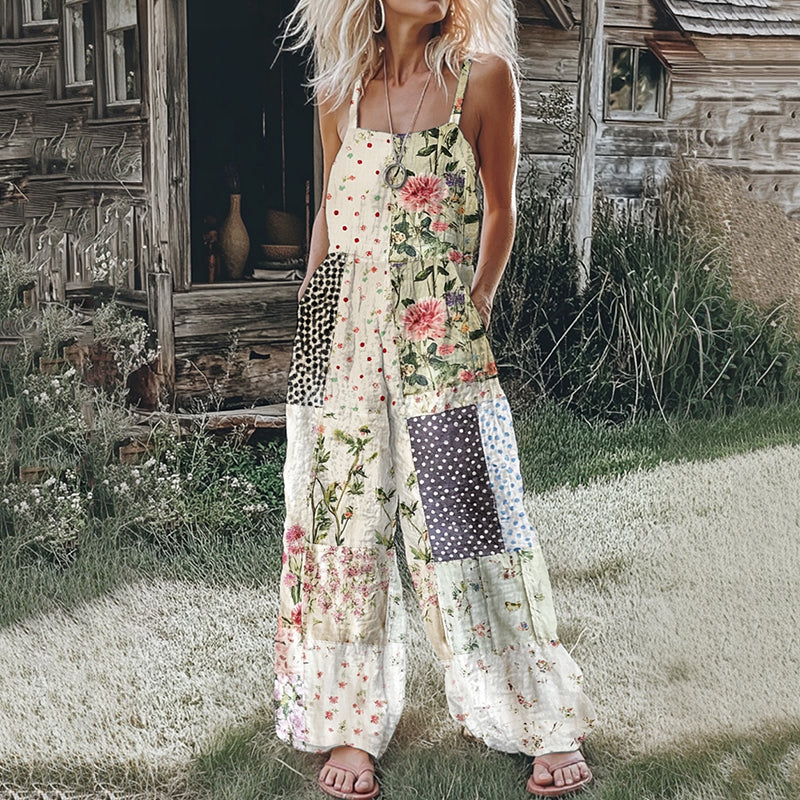 Women's Farm Floral Patchwork Linen Print Jumpsuit elevenforest
