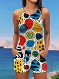 Colored Stones Print Halter Ruffle Ruched Jacquard Tankini Short Set