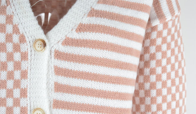 Autumn Winter Knitted Plaid Stitching Striped Cardigan Coat Sweater