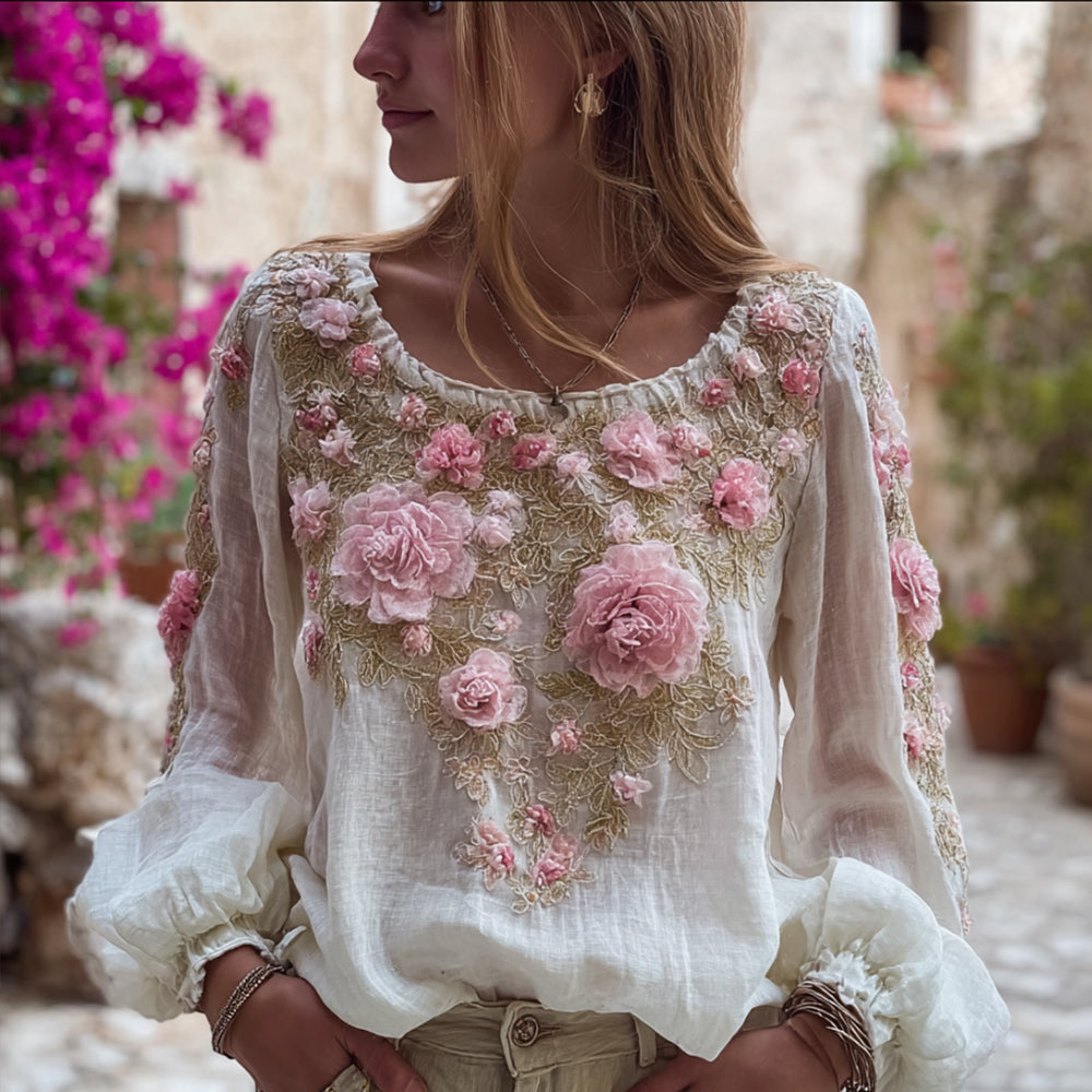 Bohemian Style Flower Embroidery Round Neck Knitted Casual Long-sleeved Top elevenforest