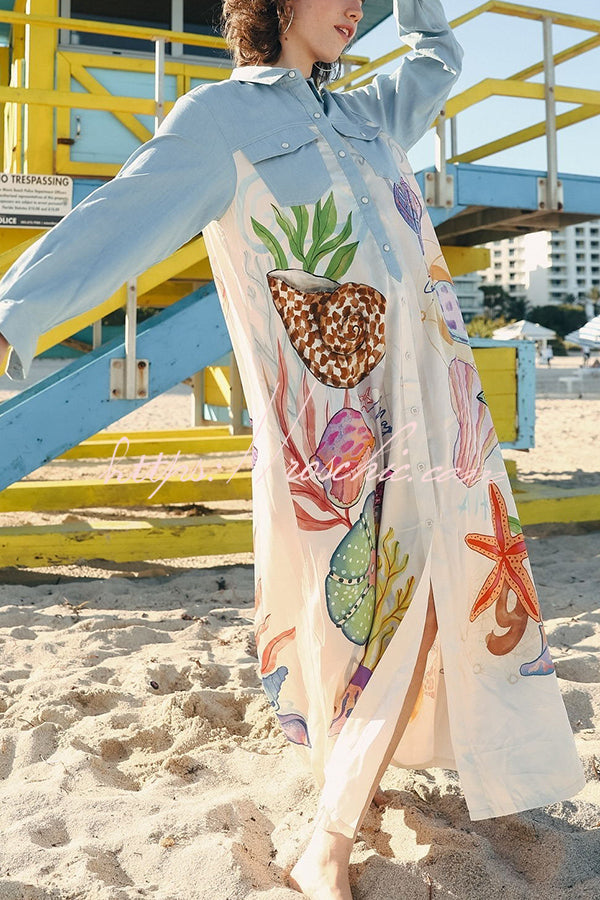Take a Trip Marine Elements Unique Print Patchwork Pocketed Long Shirt Coat