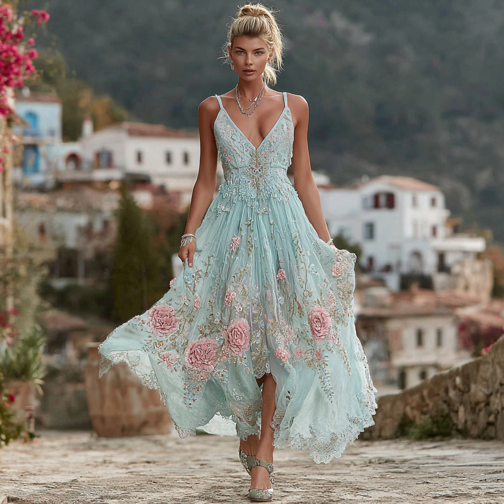 Women's Vintage Bohemian Floral Embroidery Casual Sleeveless Dress elevenforest