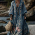 Vintage Floral Embroidered V Neck Comfy Maxi Dress elevenforest