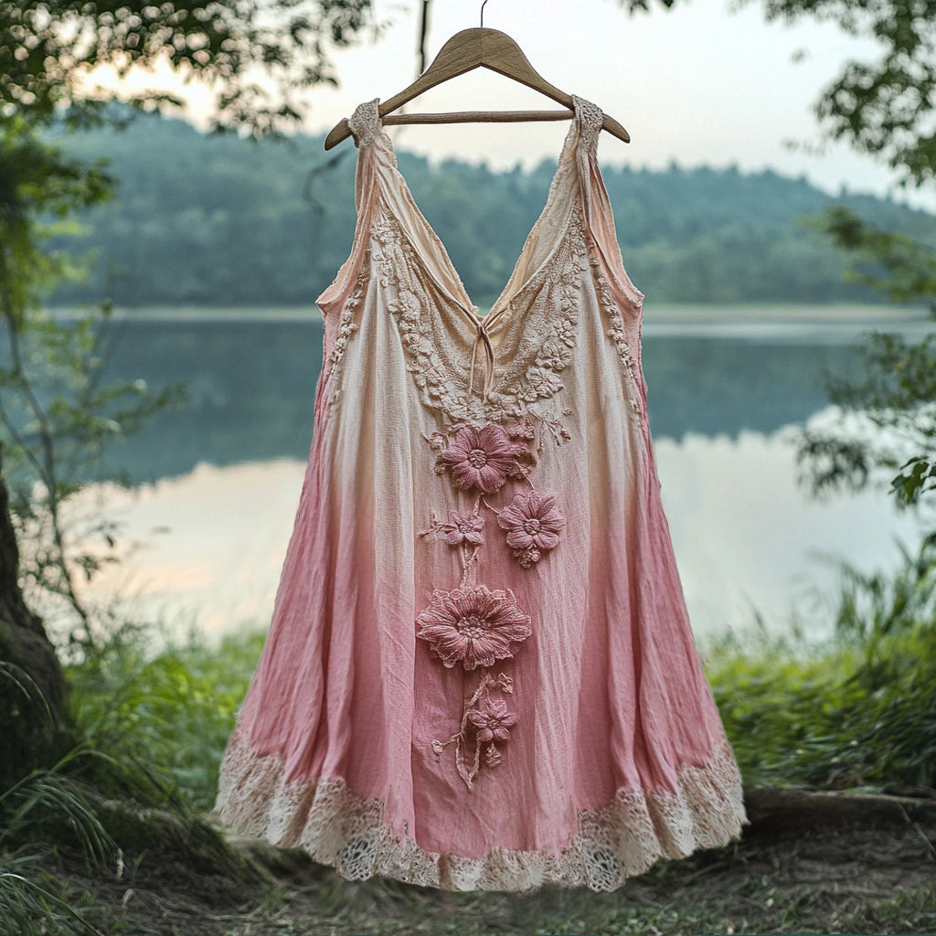 Retro Gradient Japanese Sakura Embroidered Art Lace Linen Tank Top elevenforest