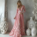 Elegant Bohemian-style Floral Embroidered V-neck Long-sleeved Dress For Women. elevenforest